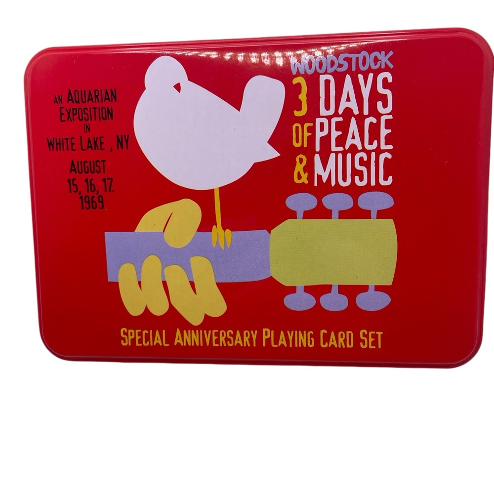 Woodstock 1969 Music Fest commerative playing cards with colorful tin.
